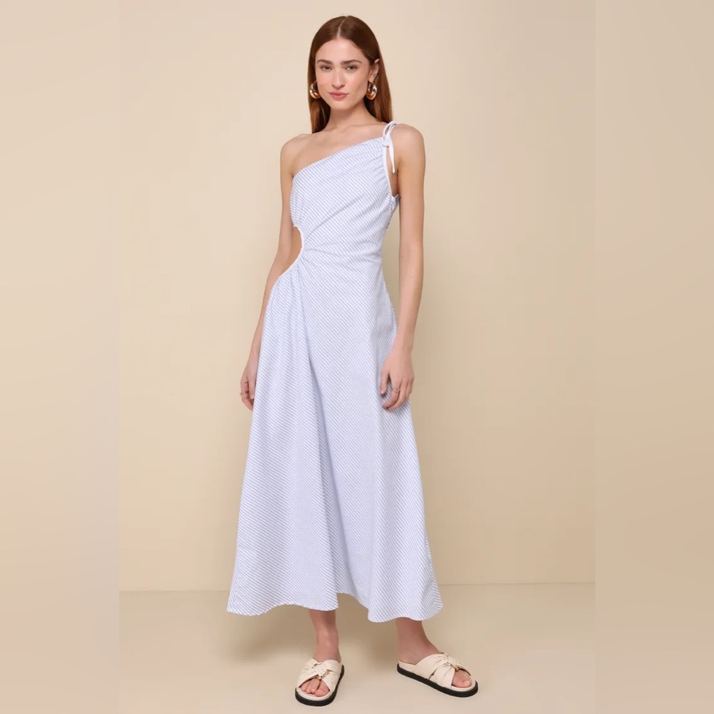 Lulu's NWT Effortless Weekend White Striped Cutout One-Shoulder Maxi Dress